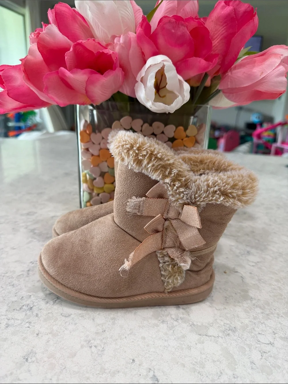 Kids Faux Fur Lined Ankle Boots - Tan